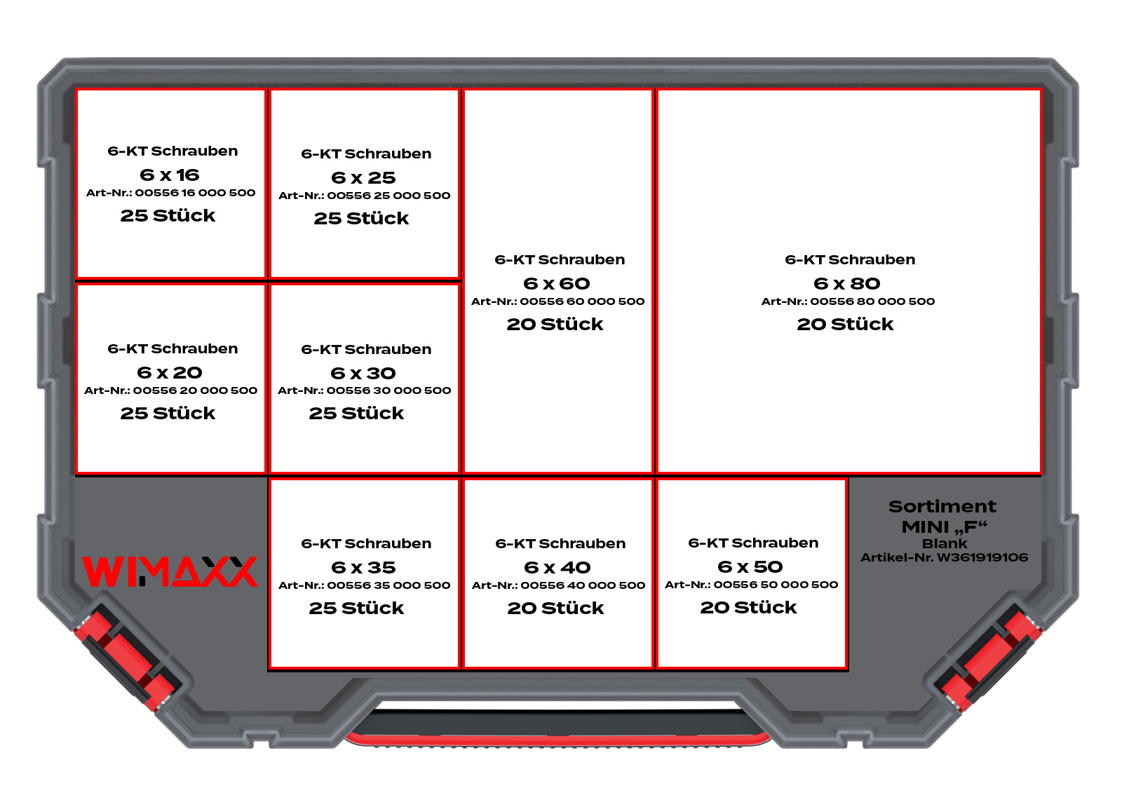 Sortimentsbox MINI F - Sechskantschrauben - ISO 933- 8.8 - blank - 205-teilig