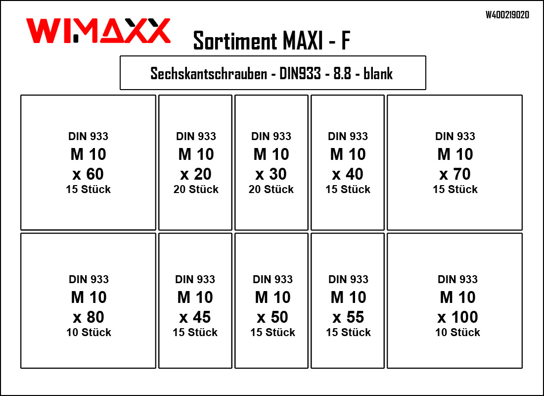 Sortimentsbox MAXI F - Sechskantschrauben - DIN 933- 8.8 - blank - 150-teilig